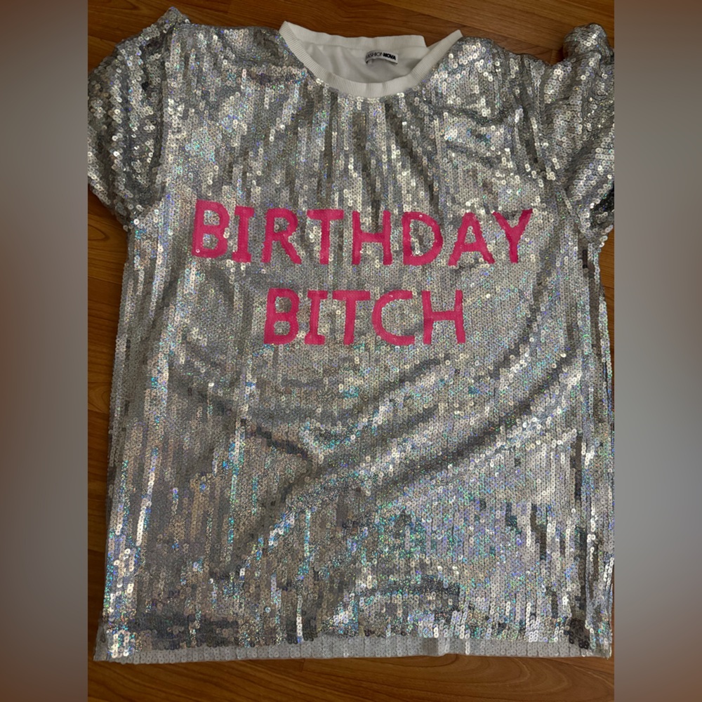 Fashion Nova Silver Sequin Sweater with Pink Lettering…. BIRTHDAY SHIRT
